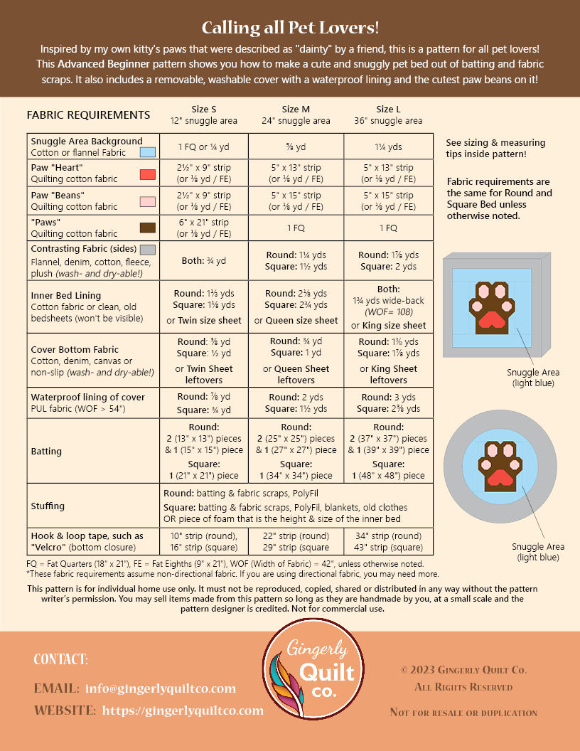 Dainty Paws Quilted Pet Bed Pattern *DIGITAL PDF*