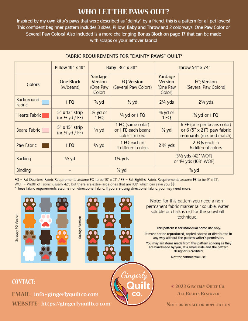 Dainty Paws Quilt Pattern *DIGITAL PDF*