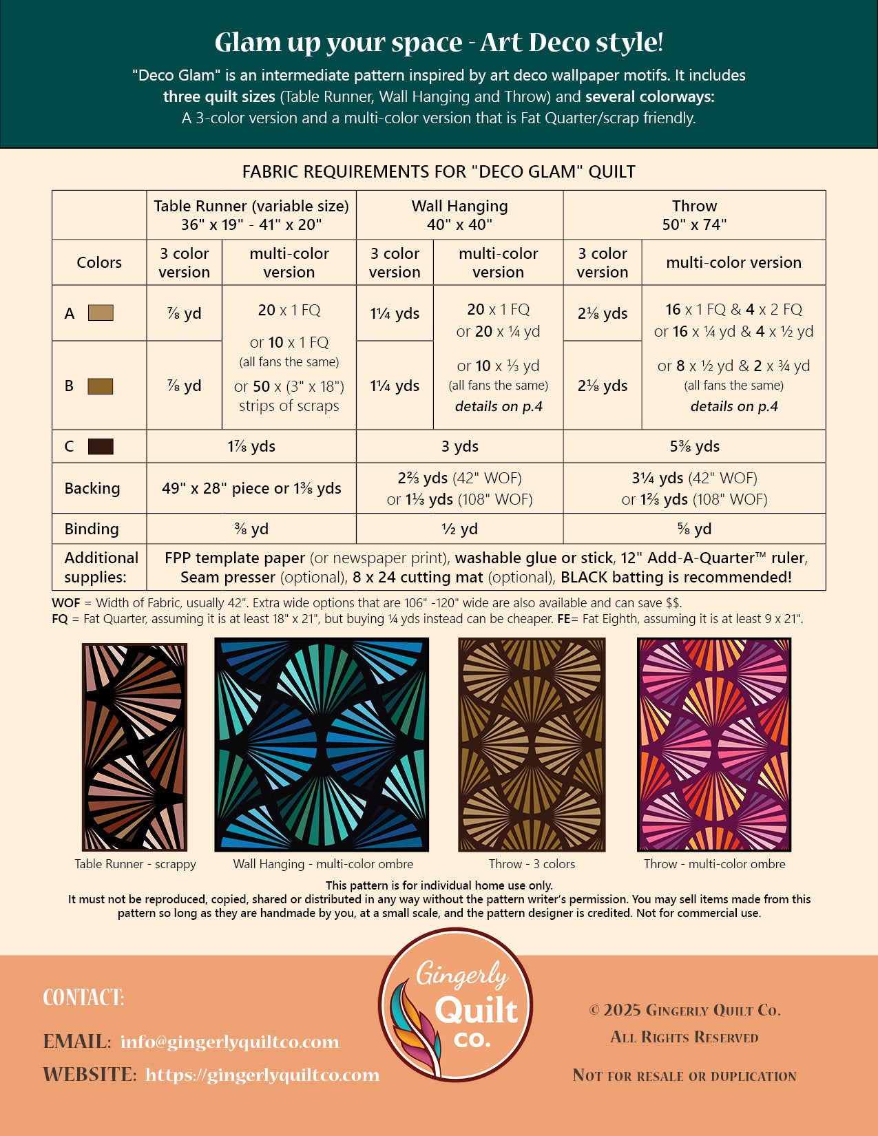 Deco Glam Quilt Pattern (US Letter size) *DIGITAL PDF*