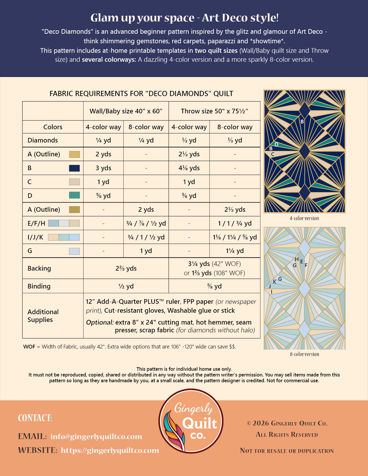 Deco Diamonds Quilt Pattern (US Letter size) *DIGITAL PDF*